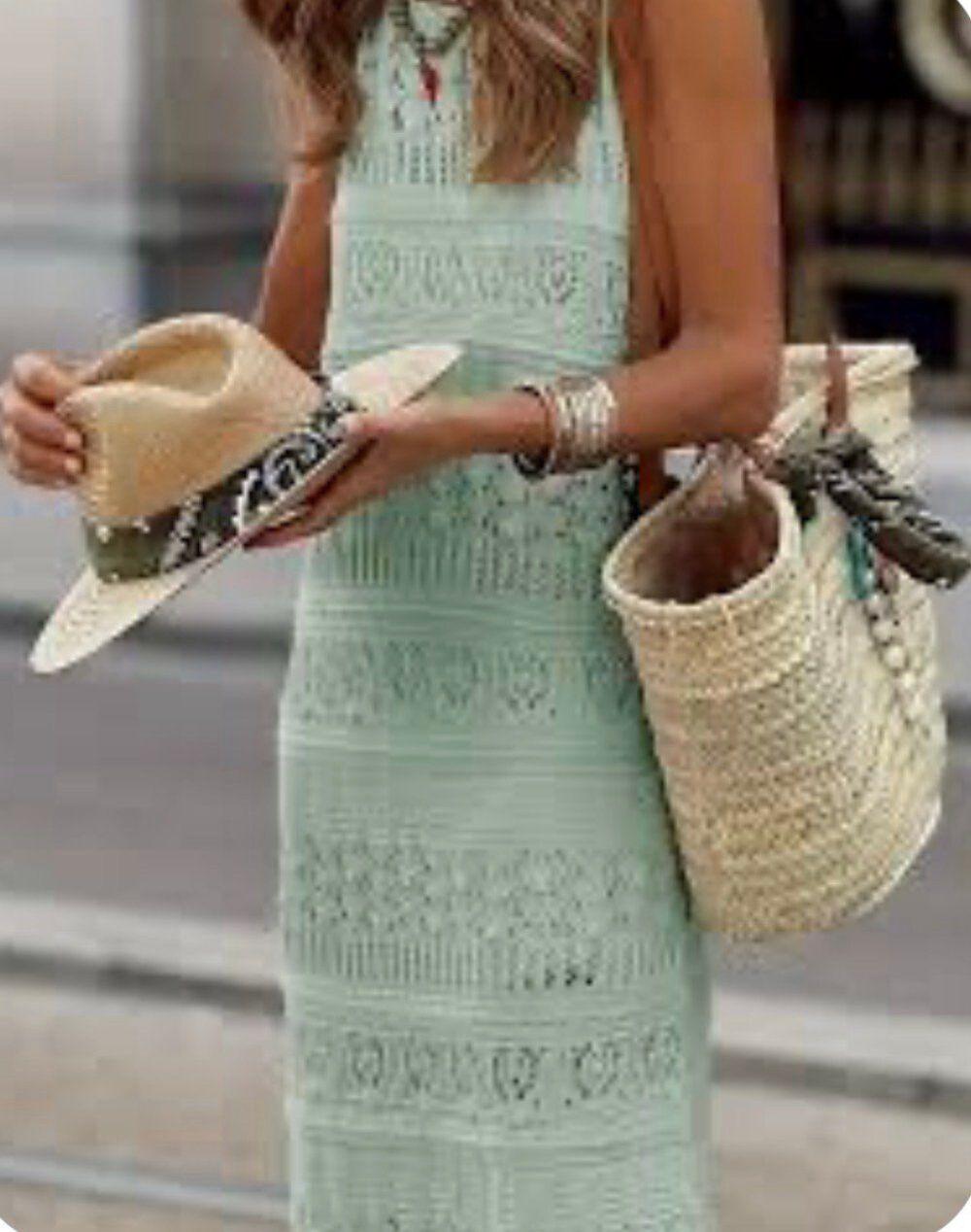Mint Green Sleeveless Boho Hollow Knit Sweater Dress XL